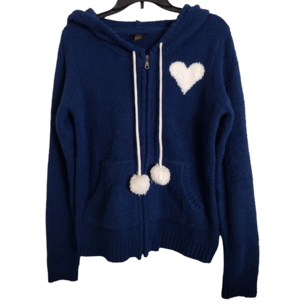Forever 21 blue white soft fuzzy hoodie with heart pom pom drawstring sz Medium
